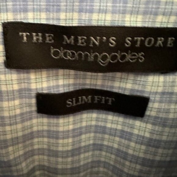 Men's Store Bloomingdales Button Down Shirt 34/35 16.5 Blue Checked Slim Fit - Picture 4 of 5